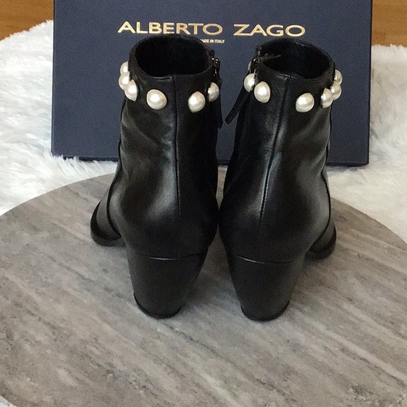 ALBERTO ZAGO Black Leather Booties With Pearl Details On The Ankle Area. - Picture 5 of 14